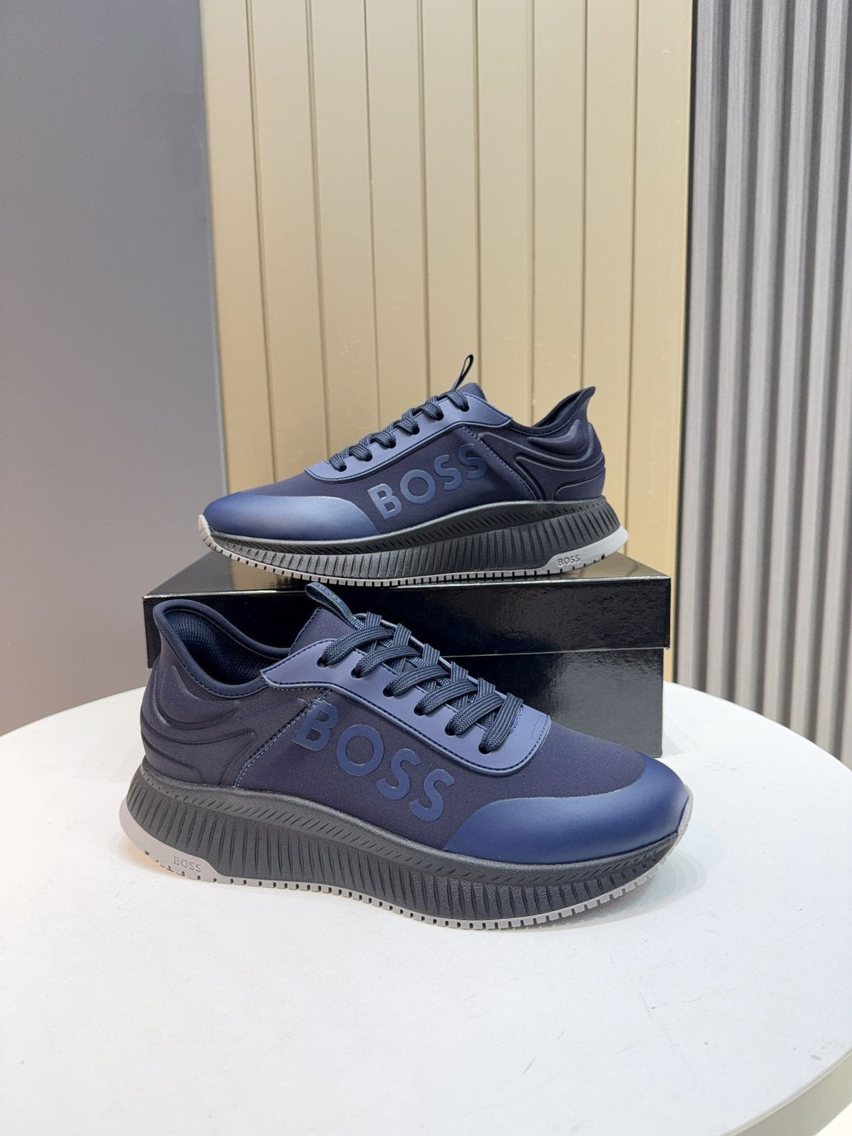 BOSS Navy Blue Lace-Up Sneakers — front