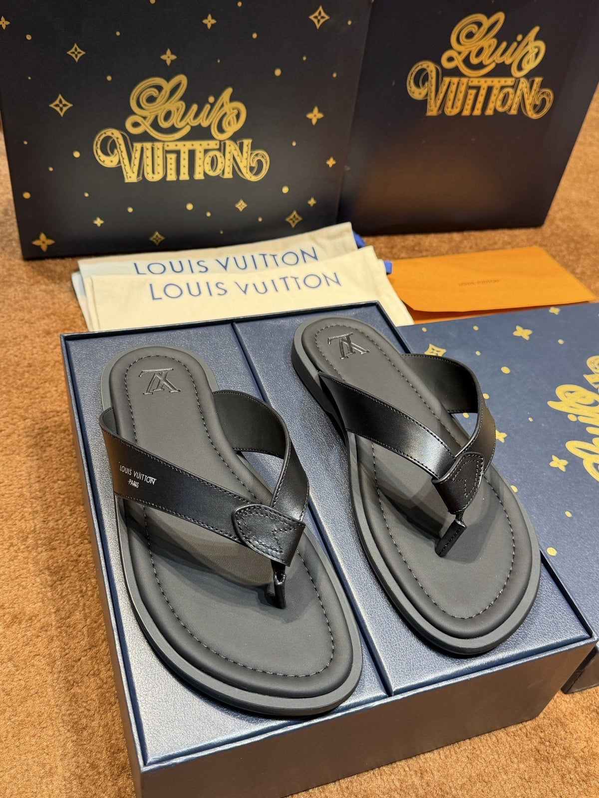 Louis Vuitton Dark Gray and Black Thong Sandals — hero
