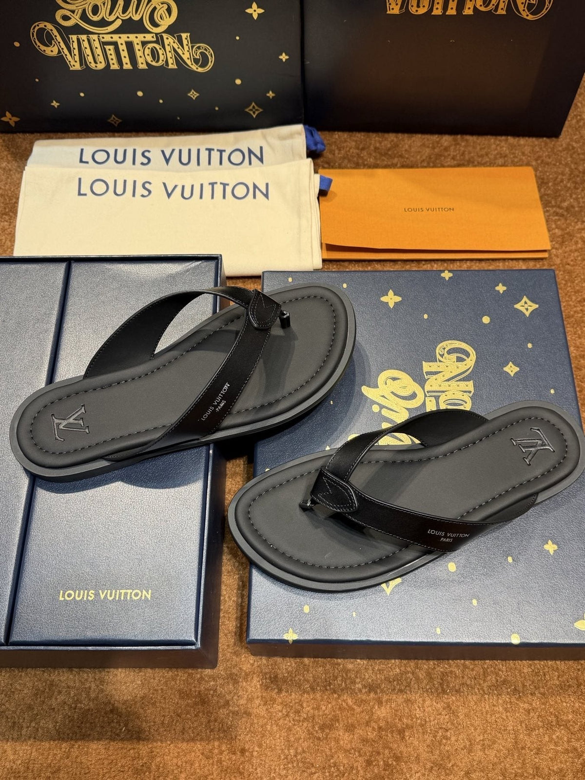 Louis Vuitton Dark Gray and Black Thong Sandals — front