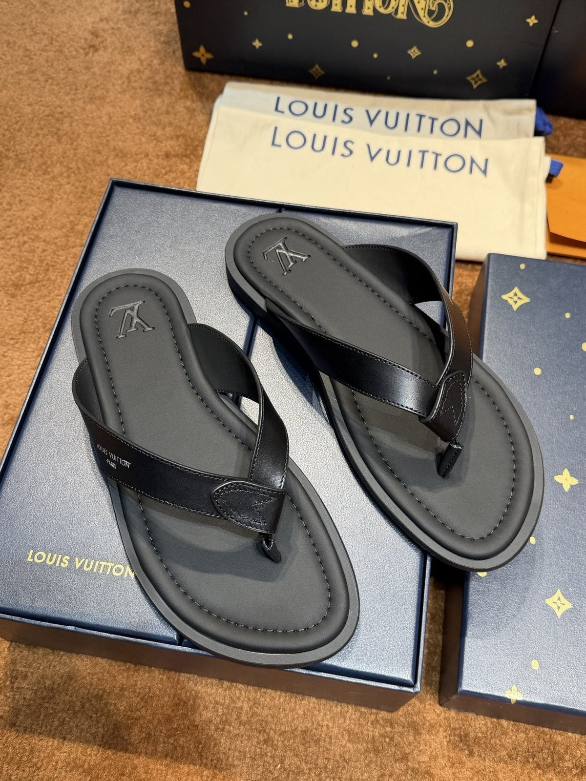 Louis Vuitton Dark Gray and Black Thong Sandals — back