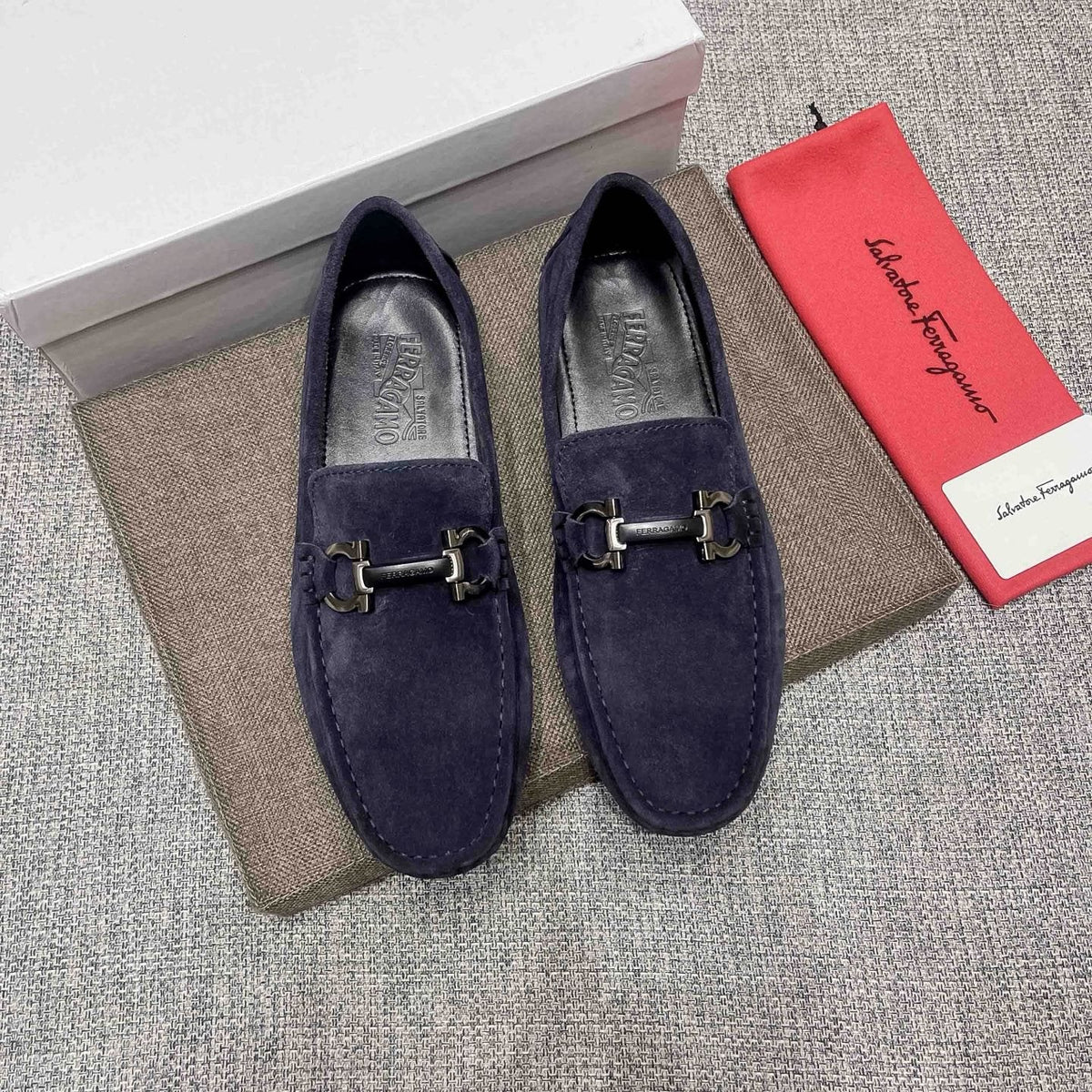 Ferragamo Navy Blue Bit Loafers — hero