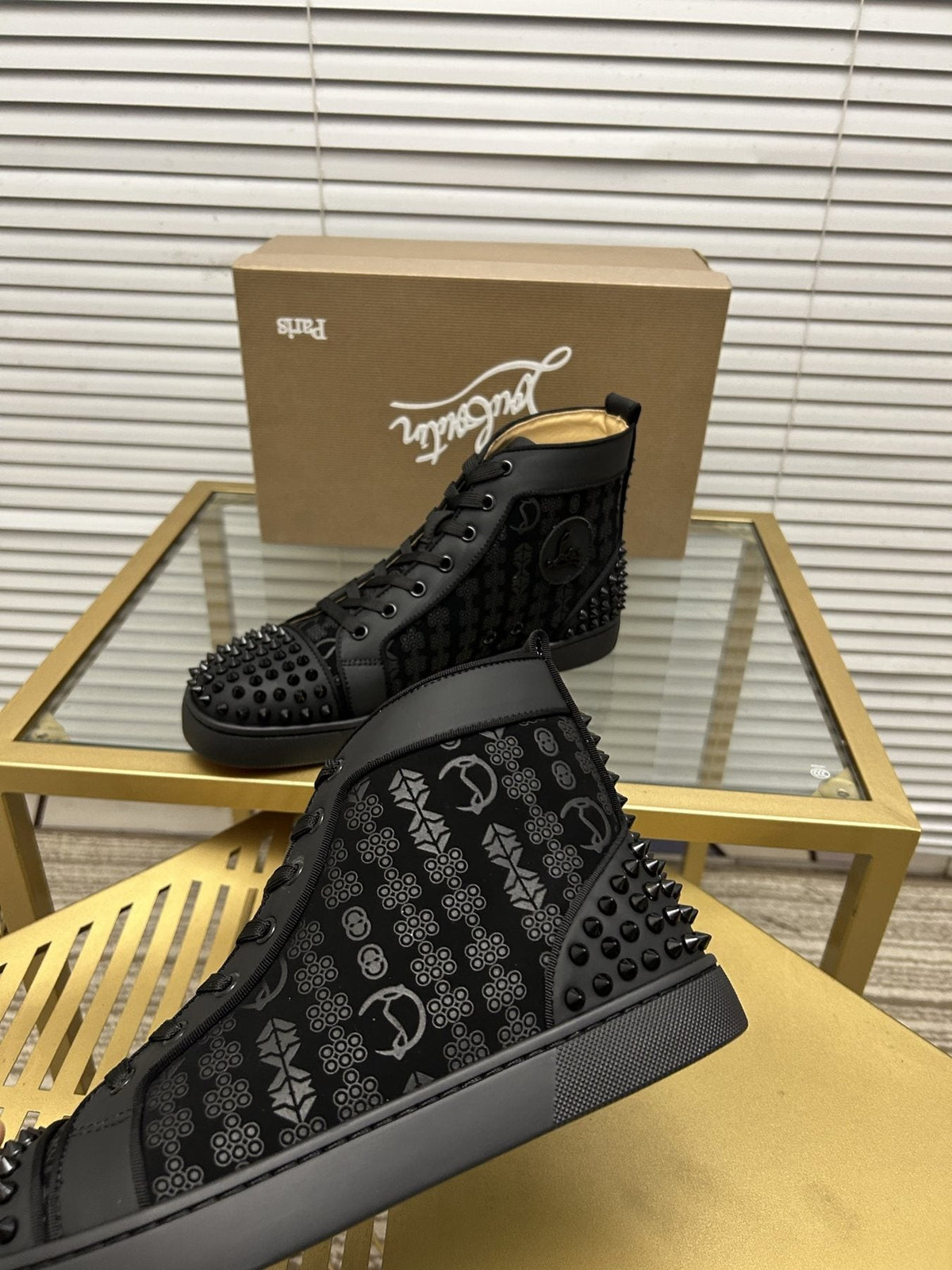 Christian Louboutin Black Studded High-Top Sneakers — side