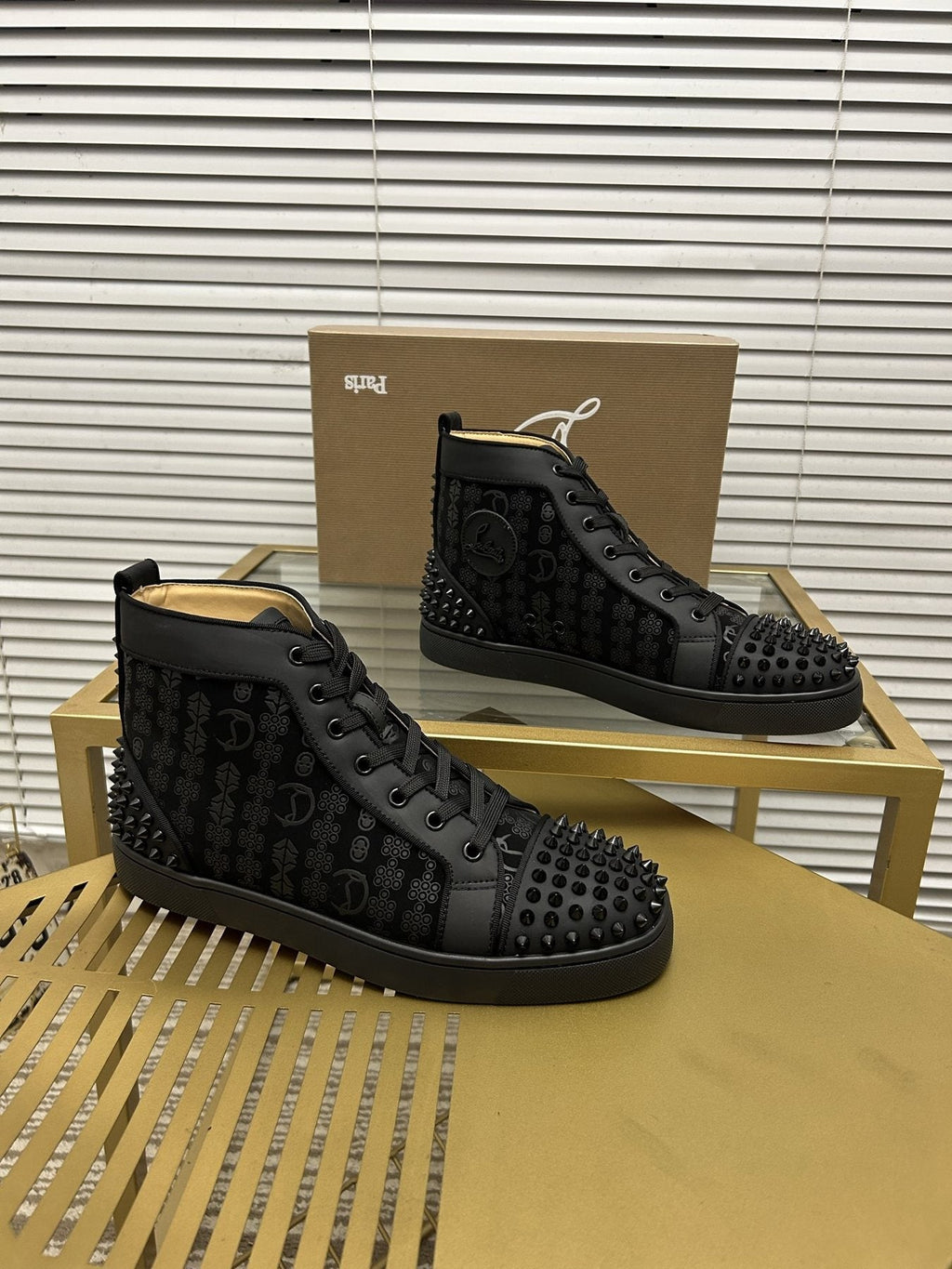 Christian Louboutin Black Studded High-Top Sneakers — side