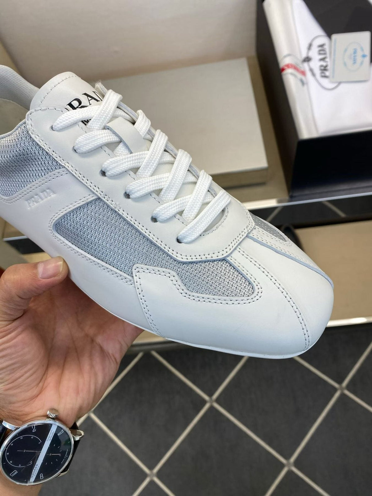 Prada White and Light Gray Low-Top Sneakers — detail