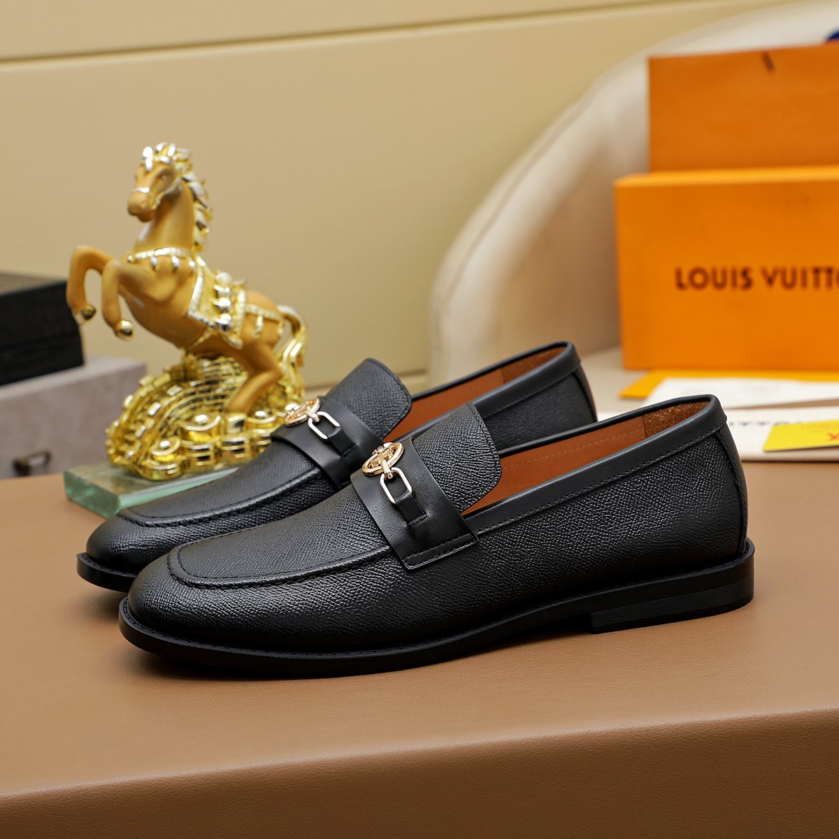 Louis Vuitton Black Metal-Link Loafers — front
