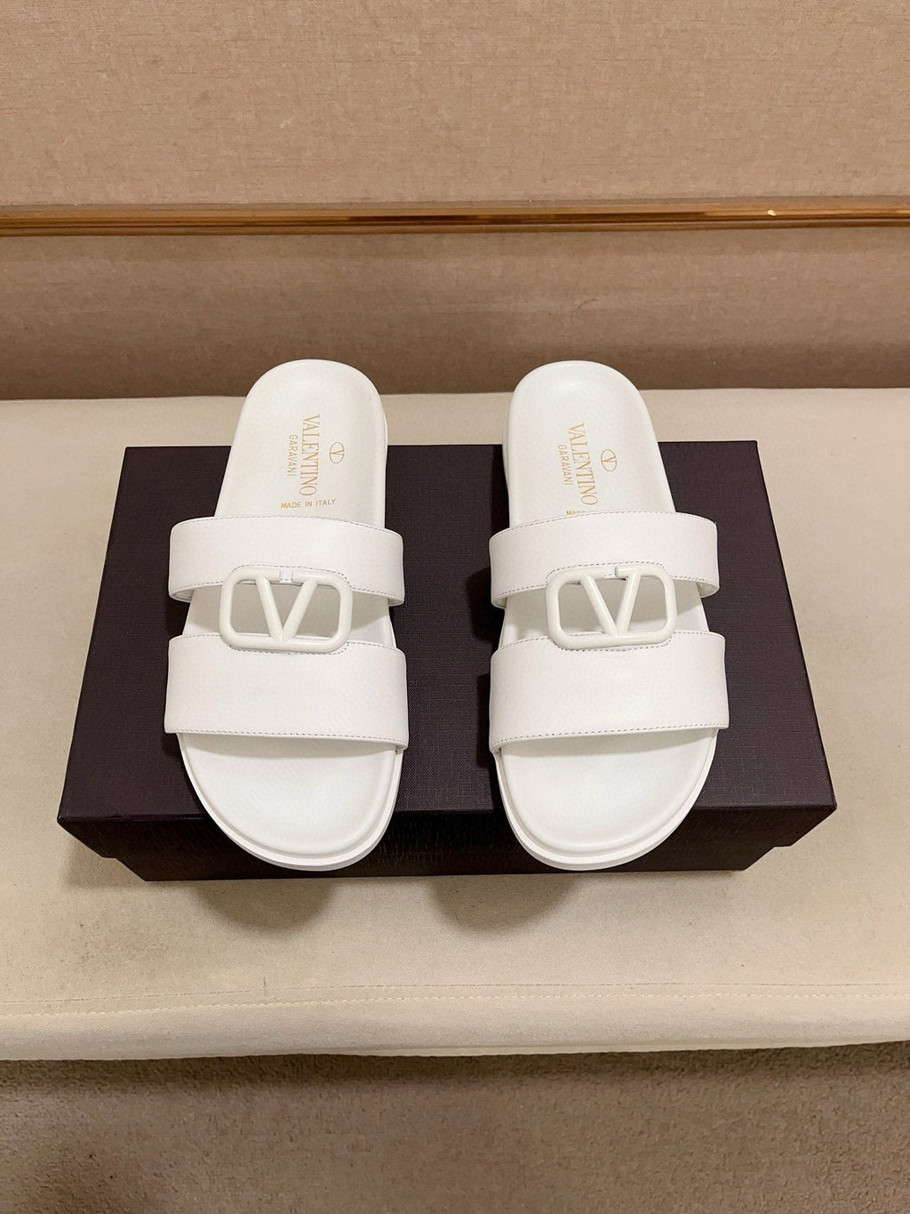 Valentino White V-Hardware Slide Sandals — hero
