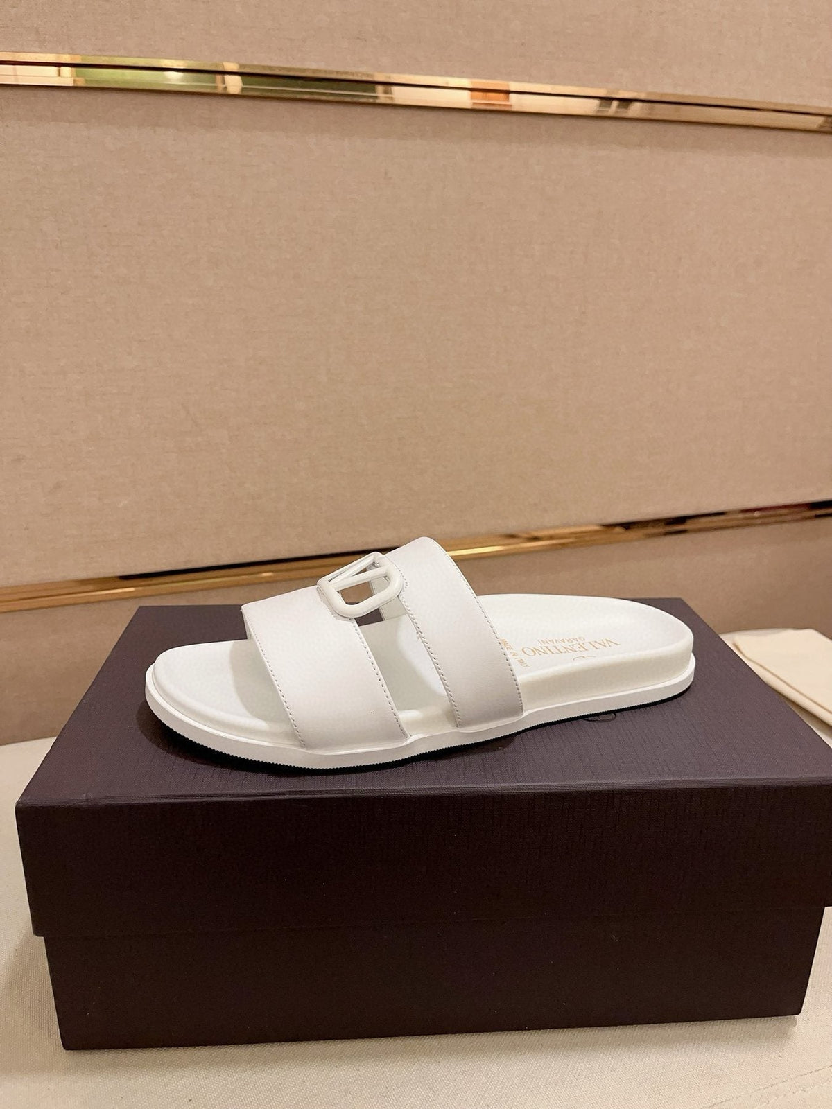 Valentino White V-Hardware Slide Sandals — front