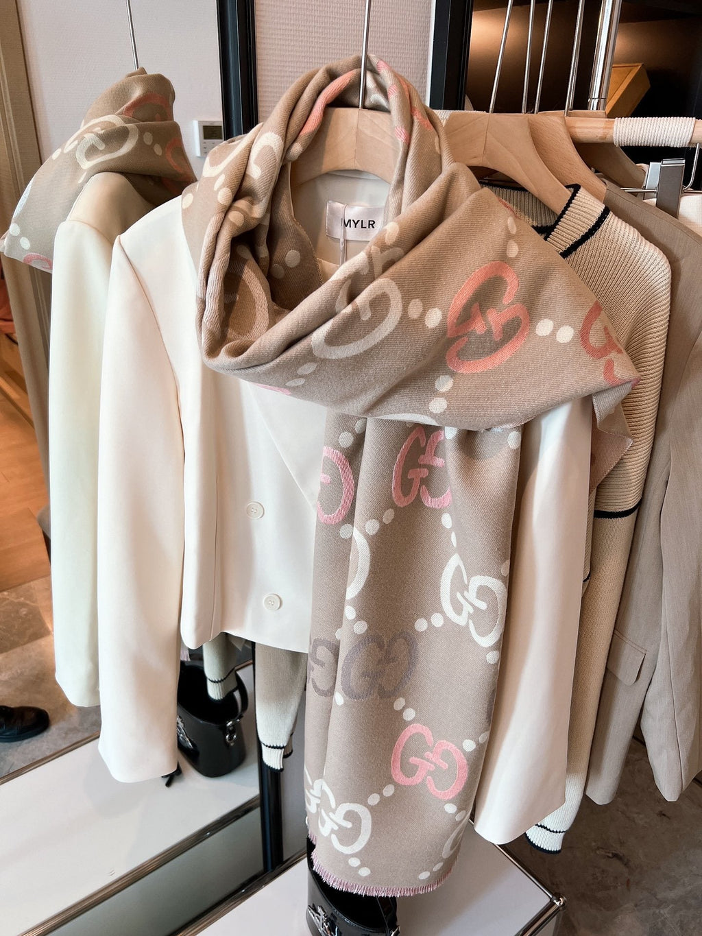 Gucci Beige Brown Ivory Monogram Fringed Scarf — hero