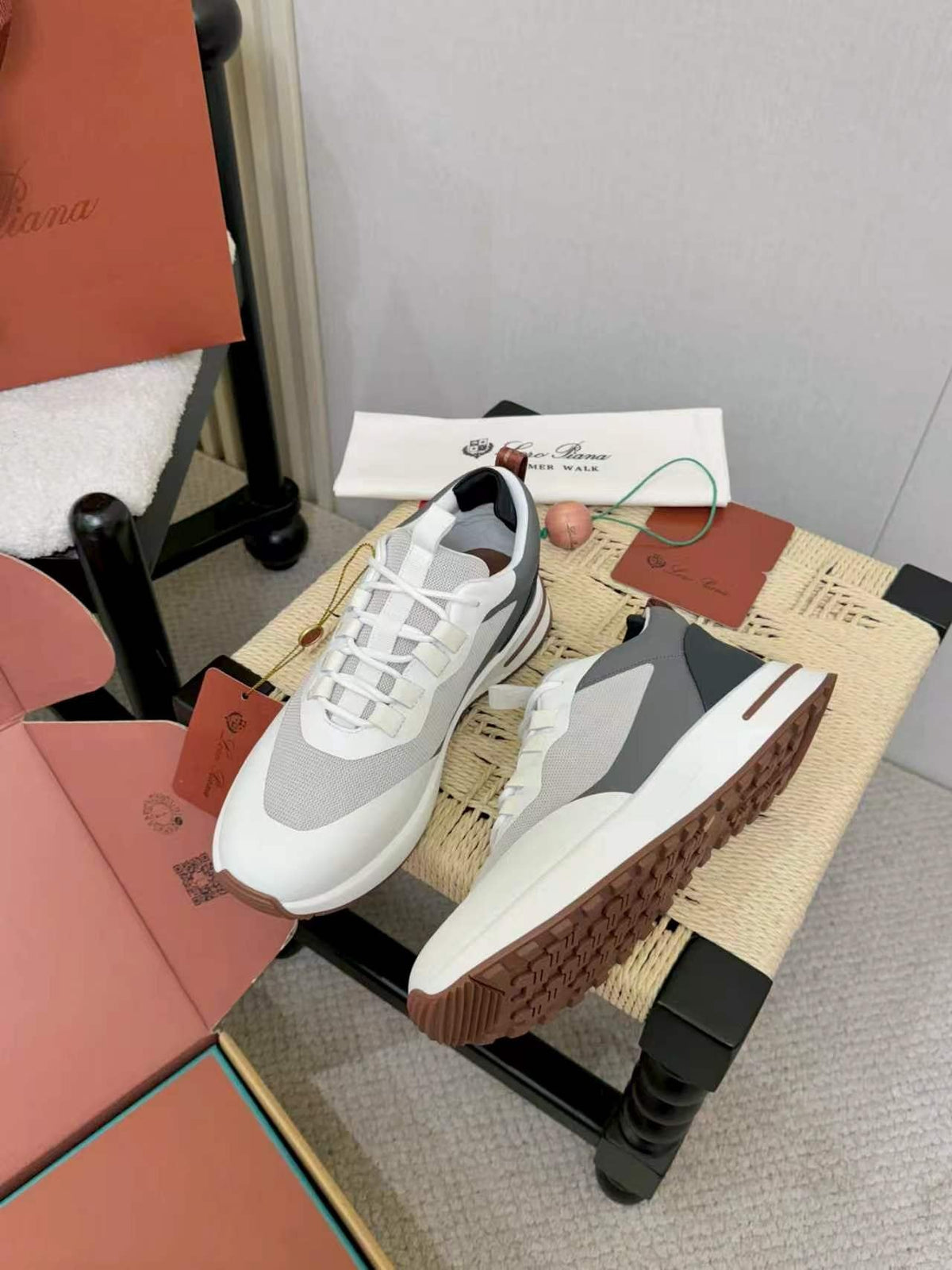 Loro Piana White & Gray Low-Top Sneakers — front