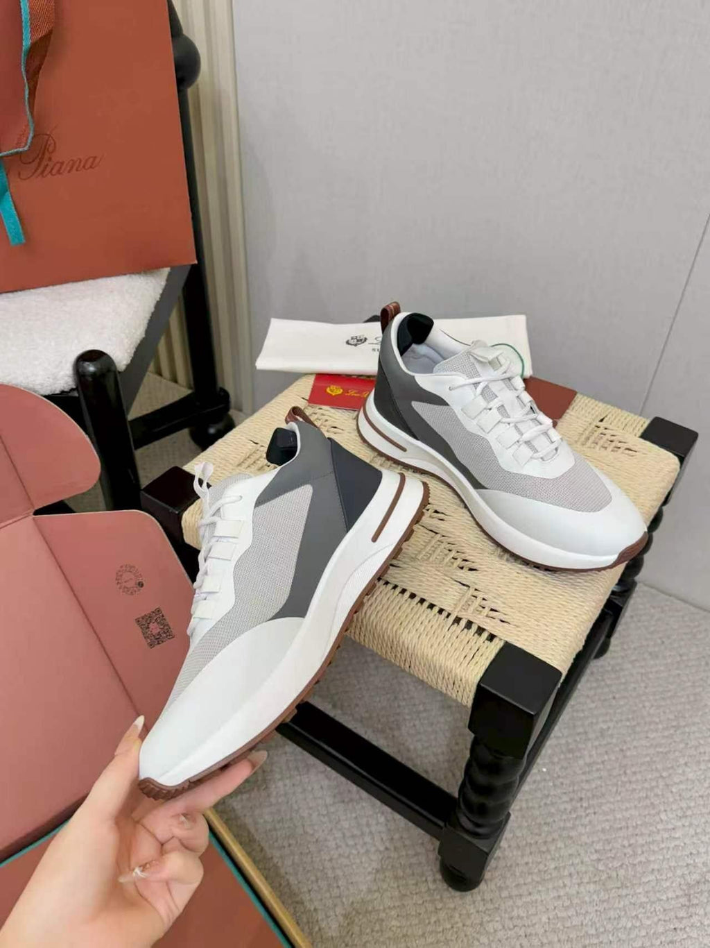 Loro Piana White & Gray Low-Top Sneakers — side