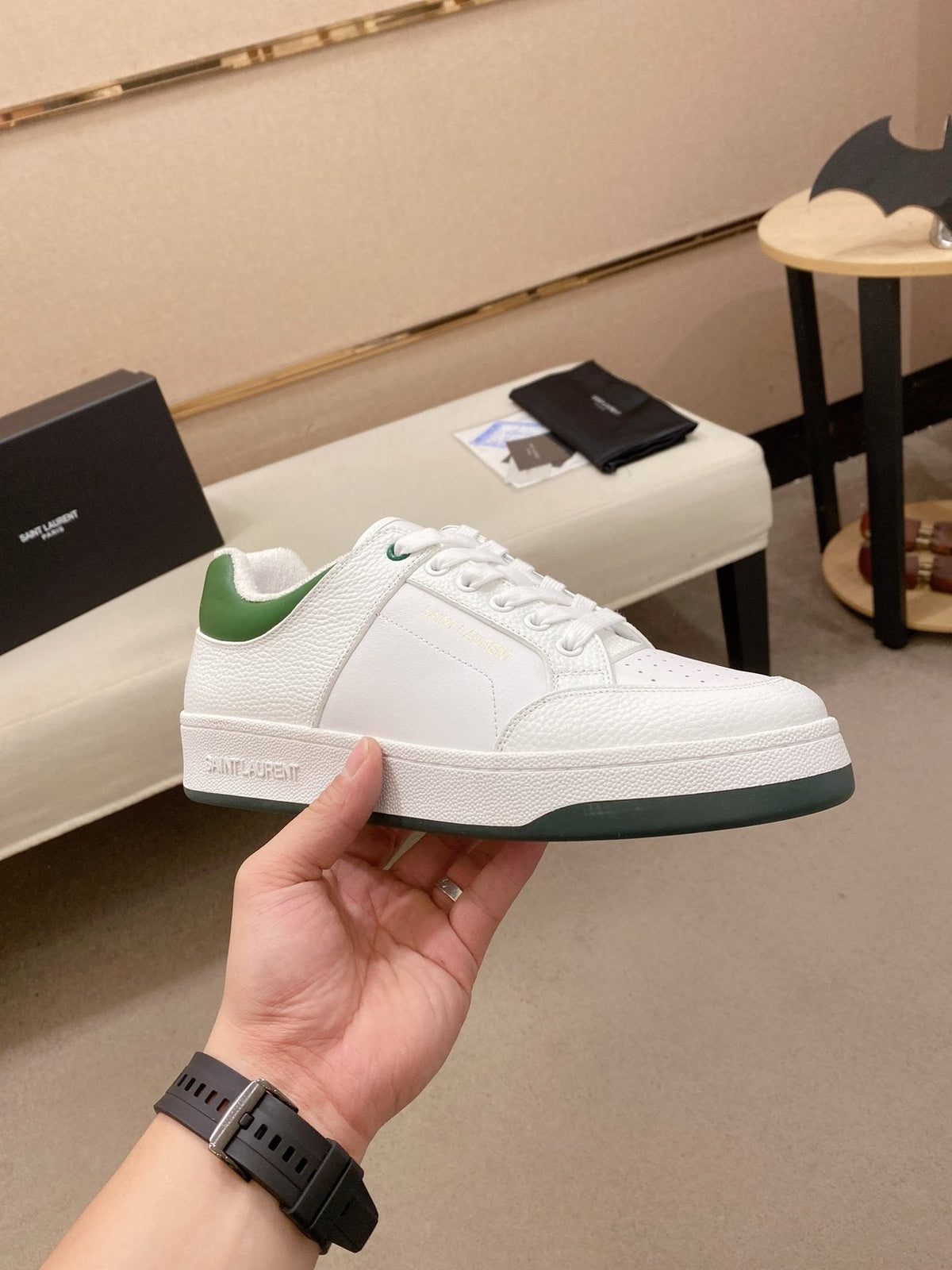 Saint Laurent White and Green Low-Top Sneakers — side