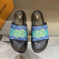 Louis Vuitton Blue Green Patterned Slide Sandals — hero