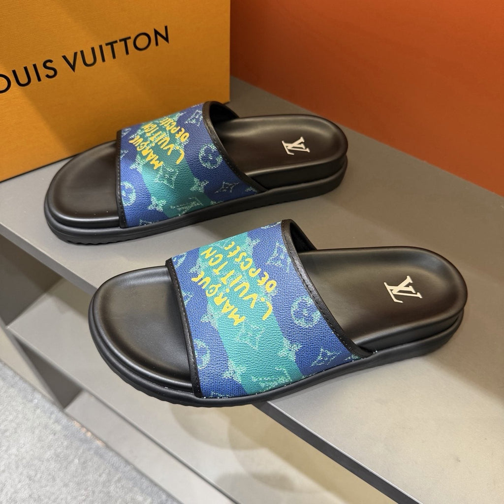 Louis Vuitton Blue Green Patterned Slide Sandals — front