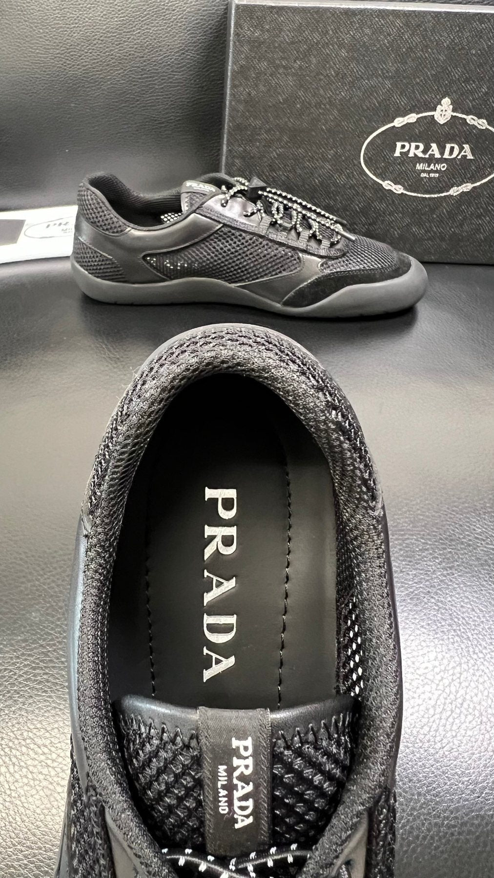 Prada Black and Charcoal Low-Top Sneakers — detail