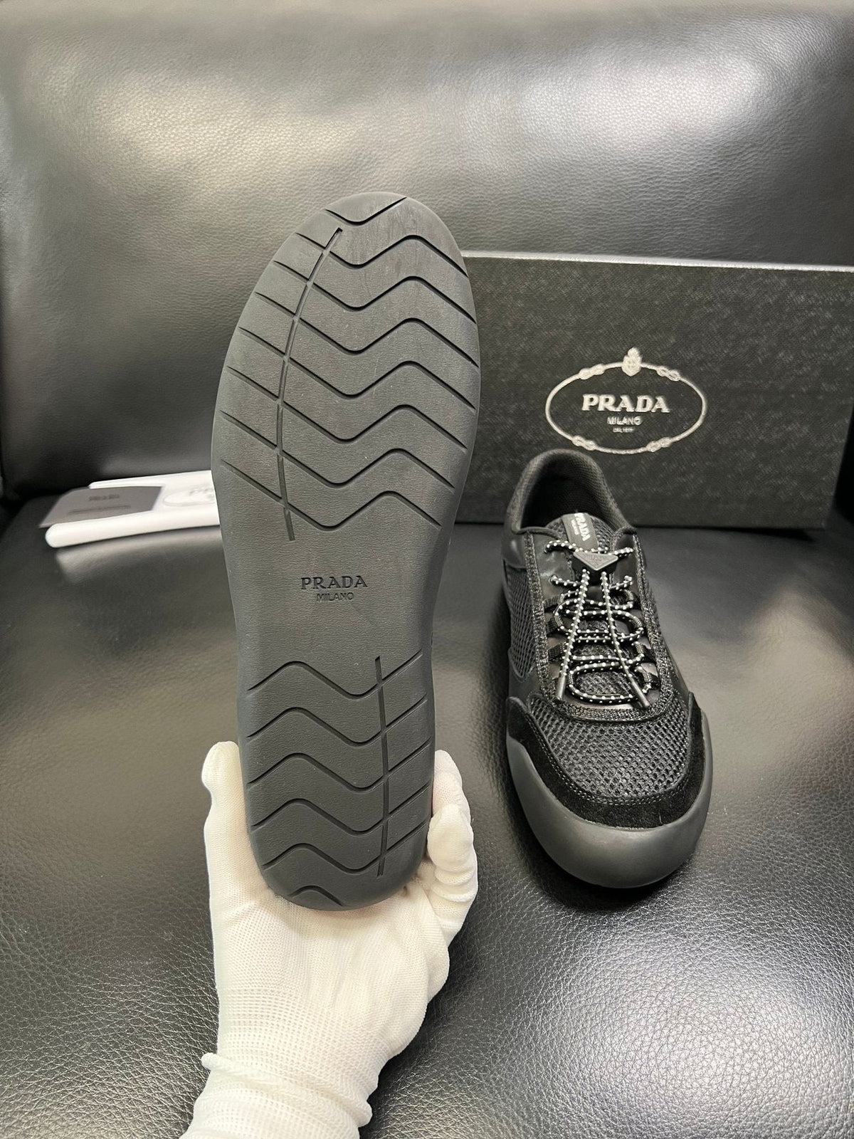 Prada Black and Charcoal Low-Top Sneakers — detail