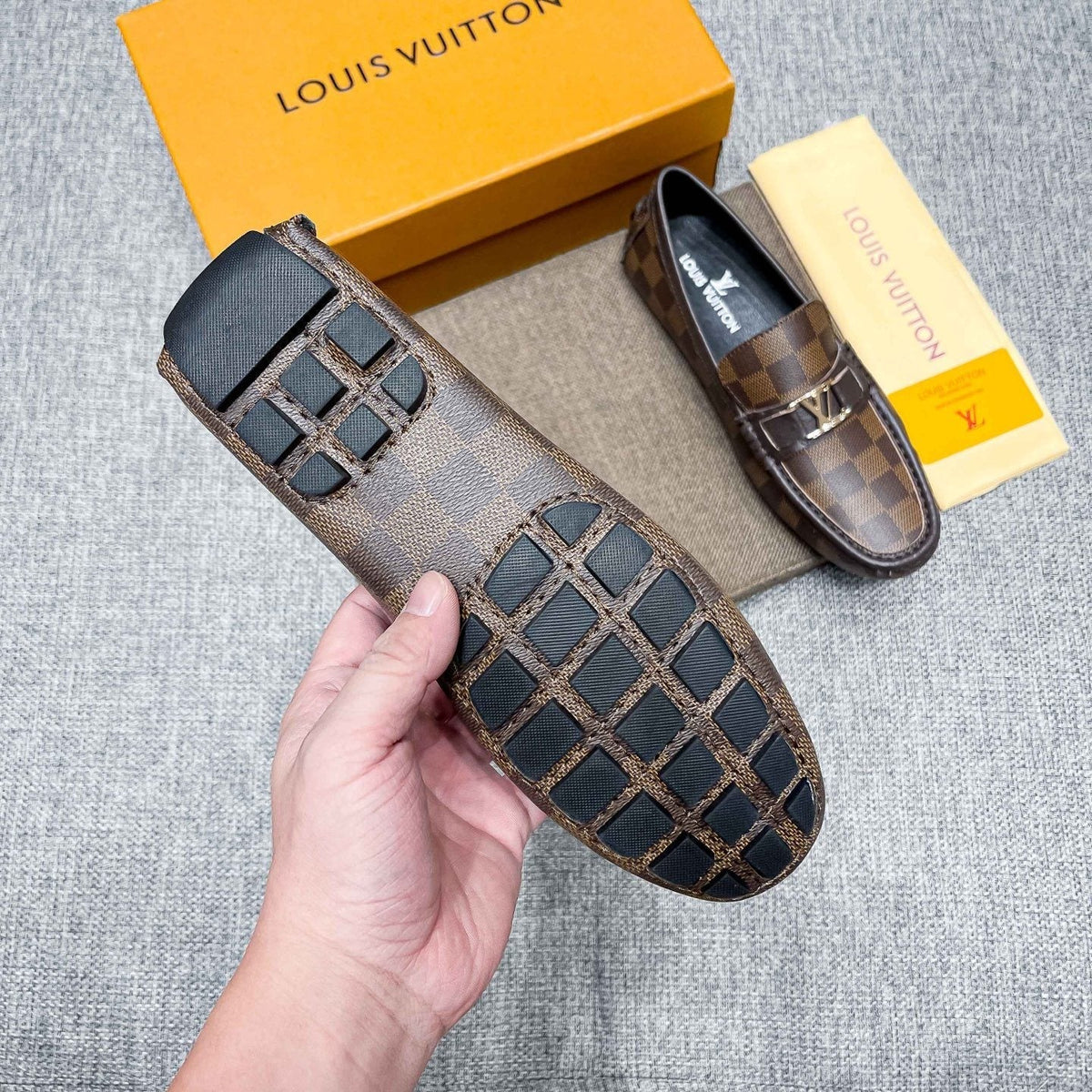 Louis Vuitton Brown Checkered Loafers — detail