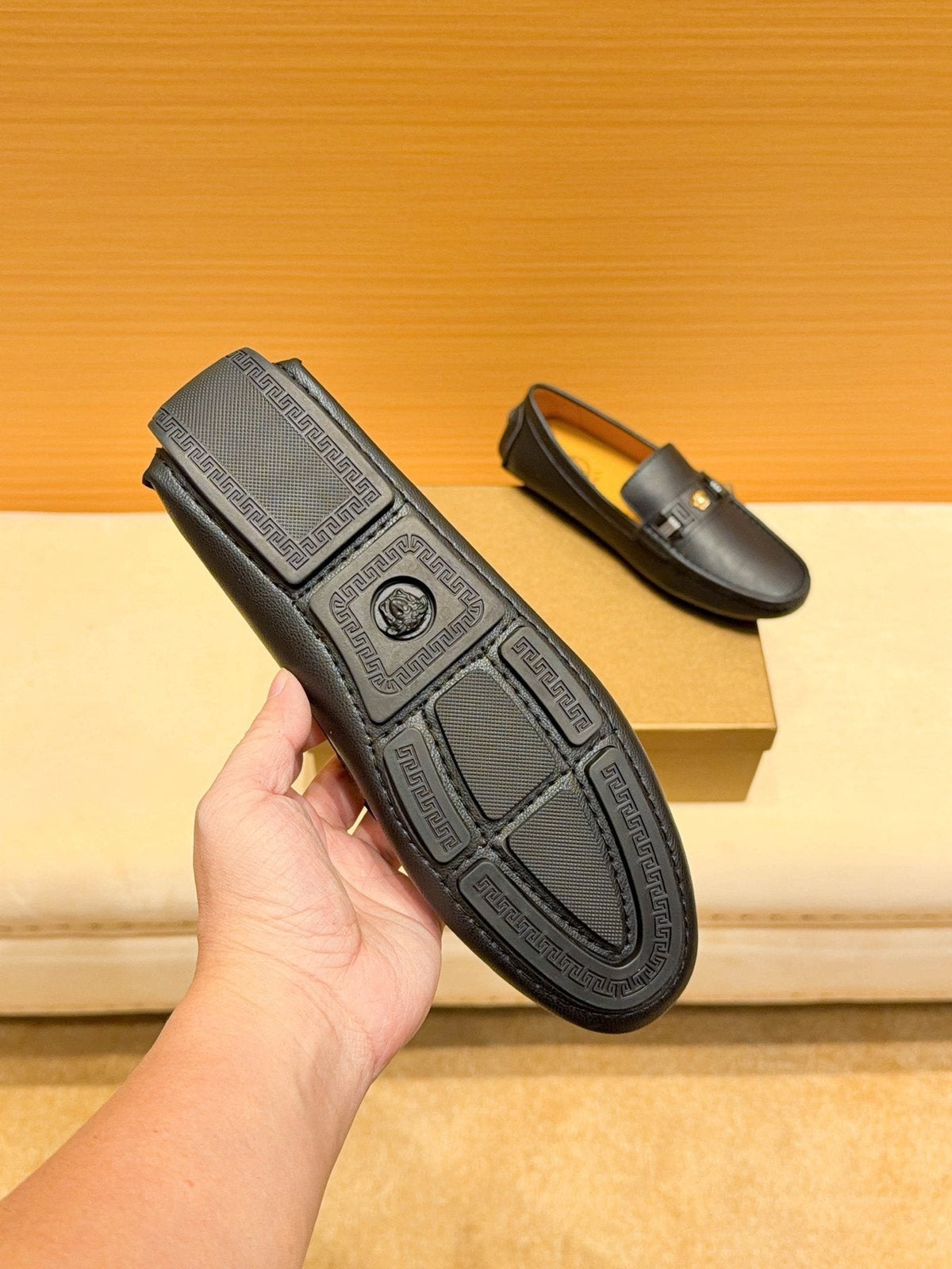Versace Black Textured Metal-Strap Loafers — back