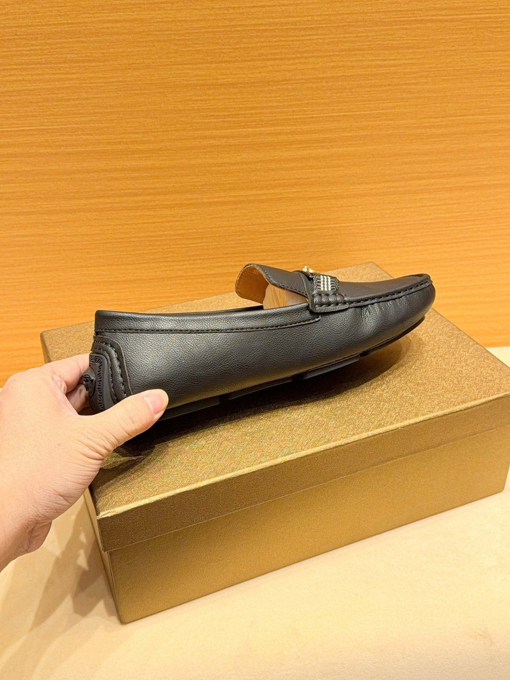 Versace Black Textured Metal-Strap Loafers — side