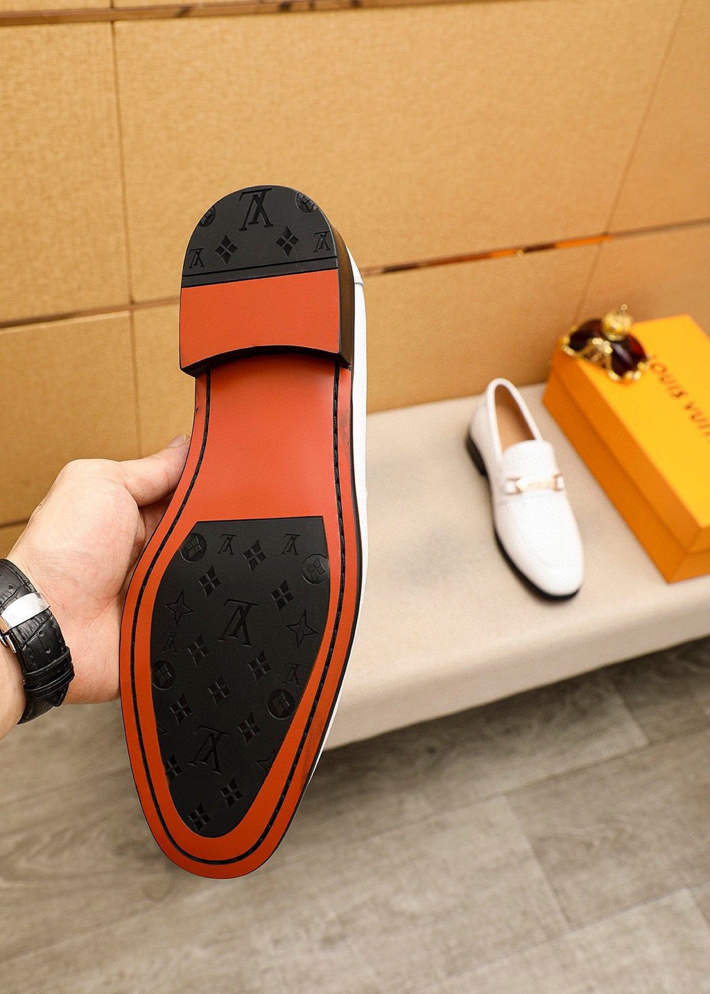 Louis Vuitton White Textured Bar Loafers — detail