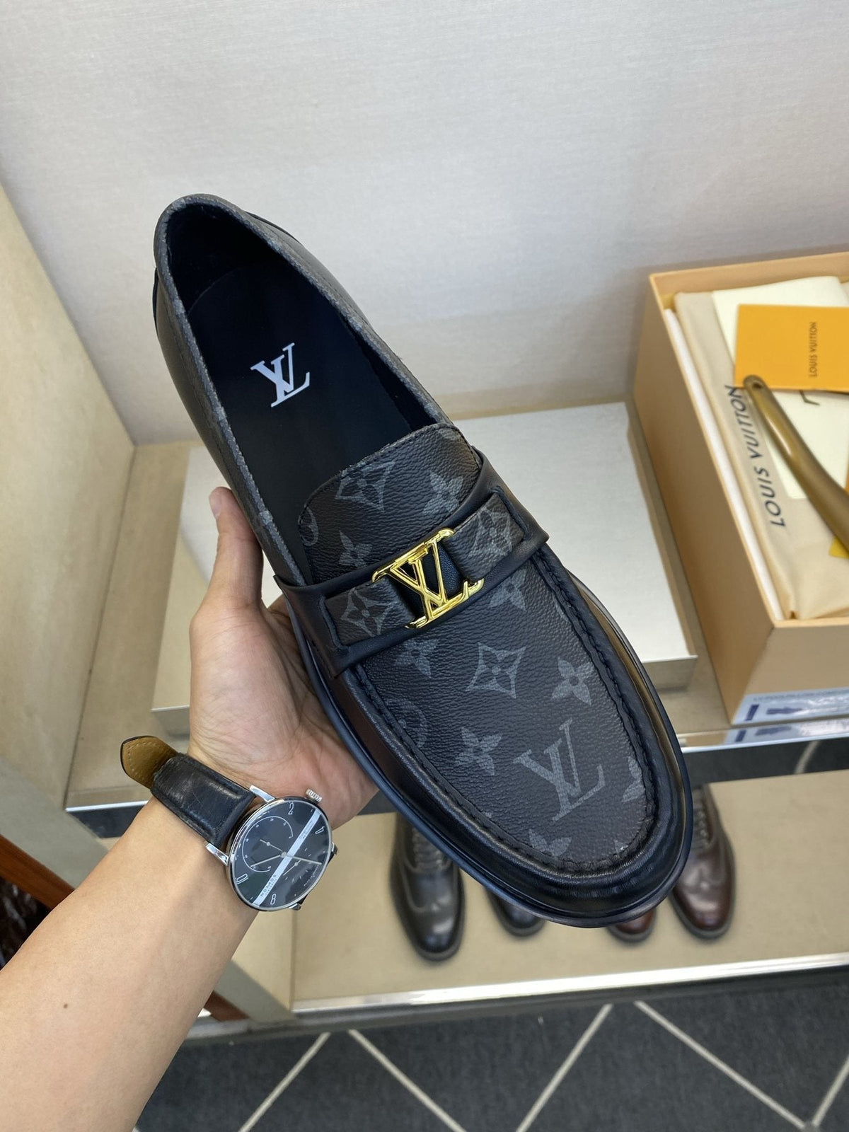 Louis Vuitton Black Monogram Lug Sole Loafers — front