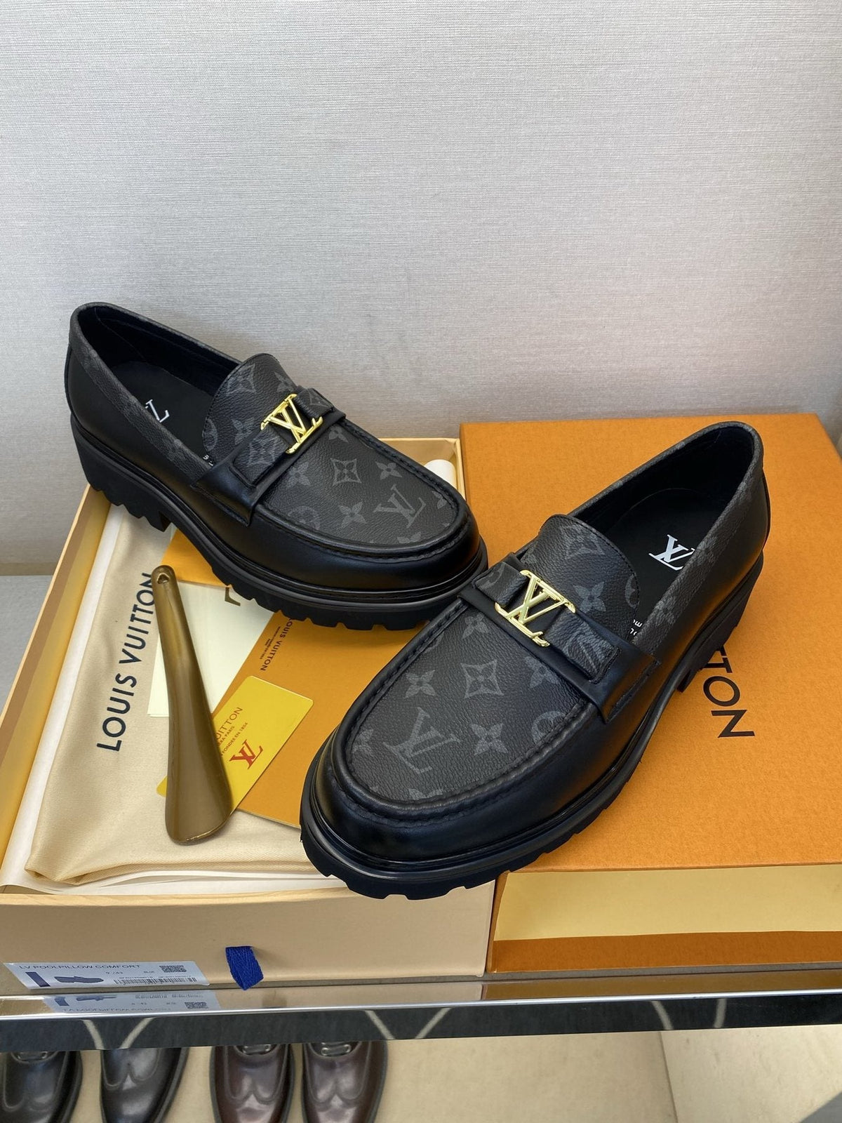Louis Vuitton Black Monogram Lug Sole Loafers — front