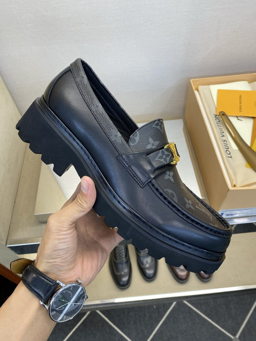 Louis Vuitton Black Monogram Lug Sole Loafers — side