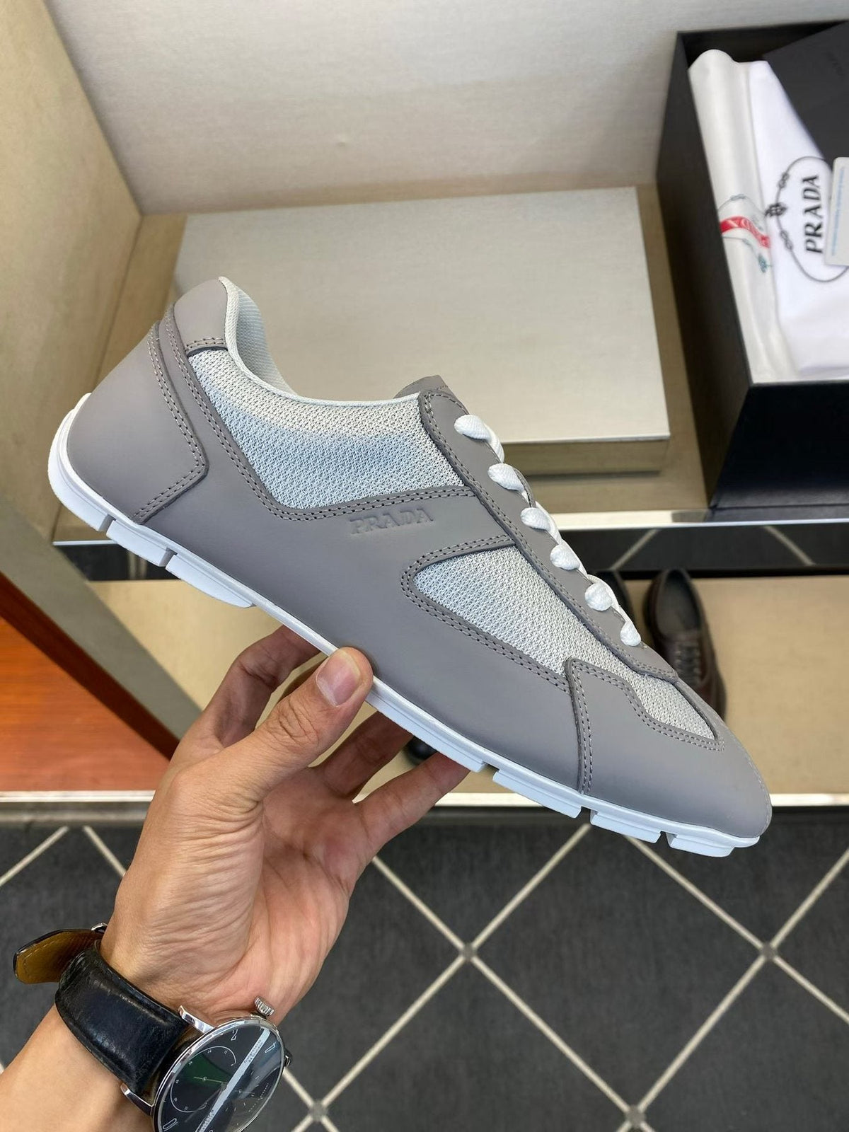 Prada Gray and White Low-Top Sneakers — side