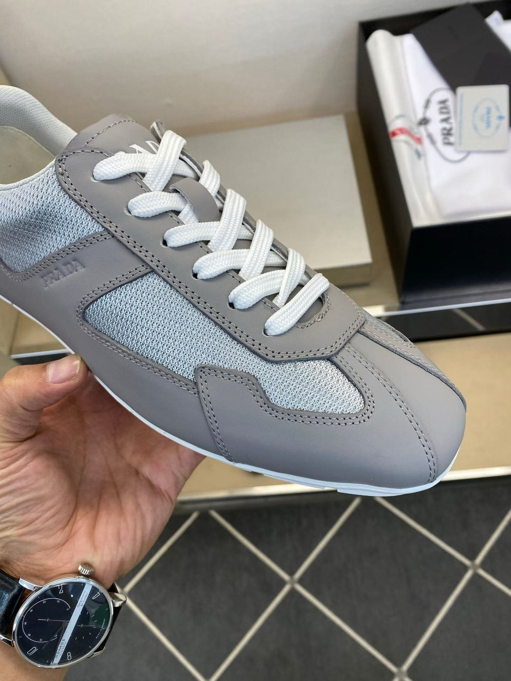 Prada Gray and White Low-Top Sneakers — side