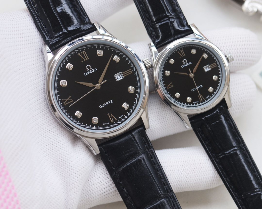 Omega Black Dial Leather Strap Couple Watch Set — hero