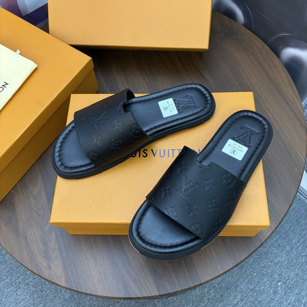 Louis Vuitton Black Embossed Strap Slide Sandals — front