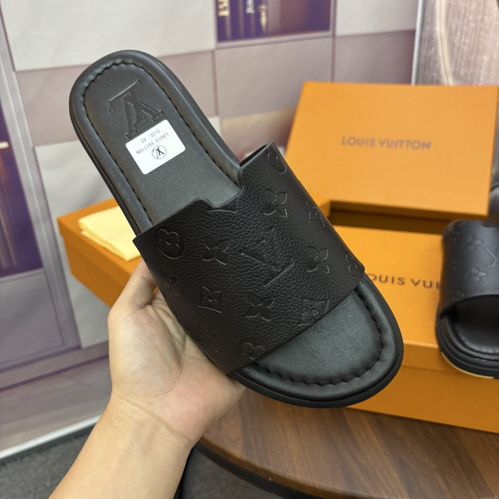 Louis Vuitton Black Embossed Strap Slide Sandals — front