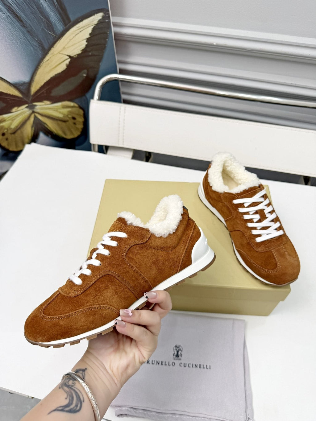 Brunello Cucinelli Brown Shearling-Trim Sneakers — model