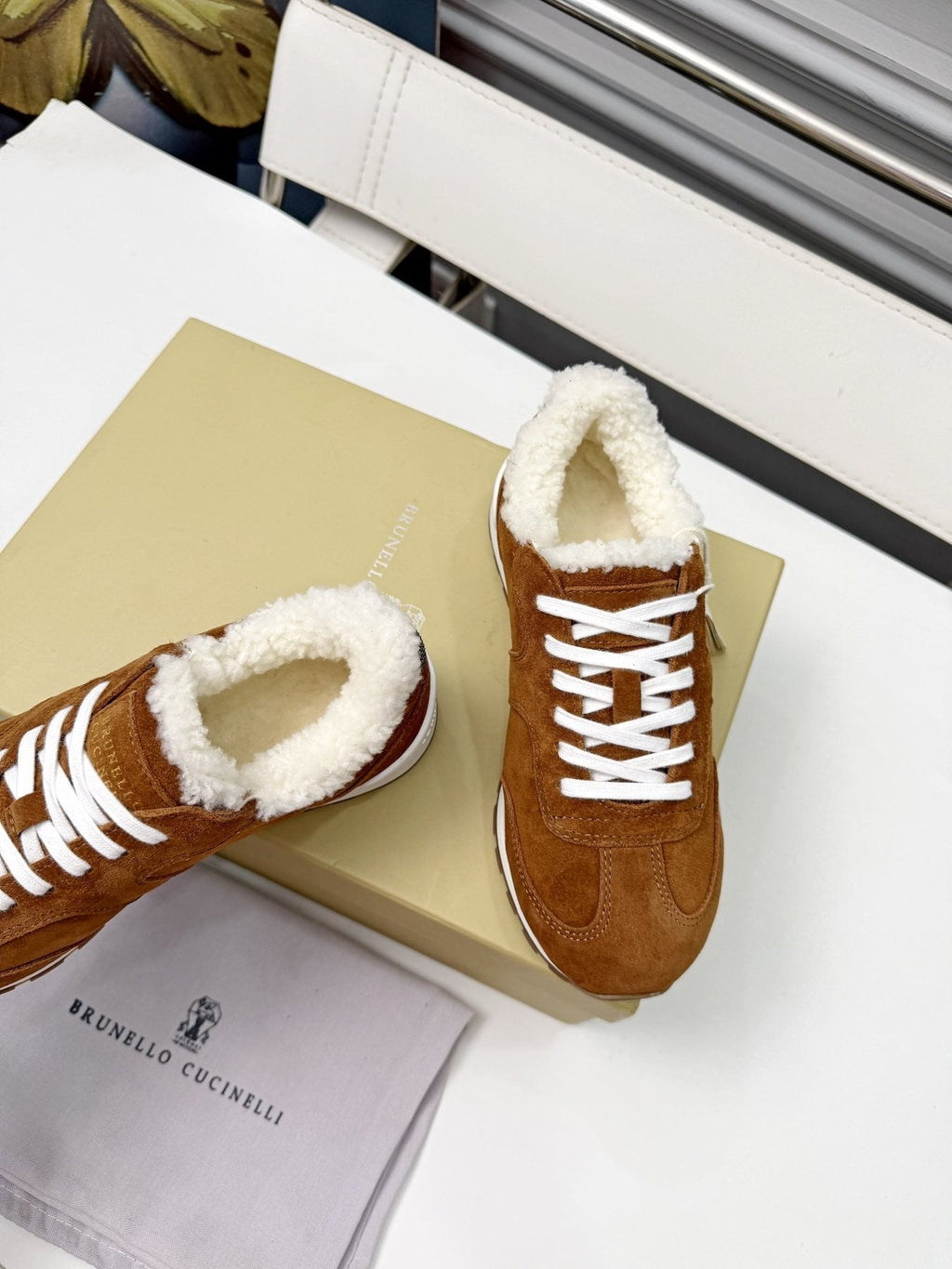 Brunello Cucinelli Brown Shearling-Trim Sneakers — front