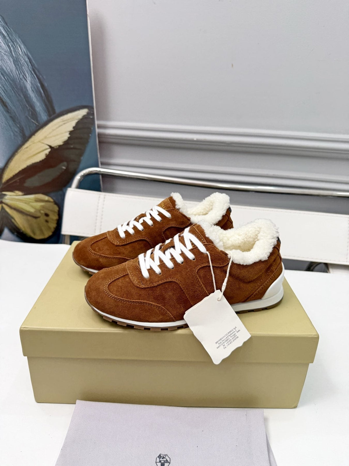 Brunello Cucinelli Brown Shearling-Trim Sneakers — side