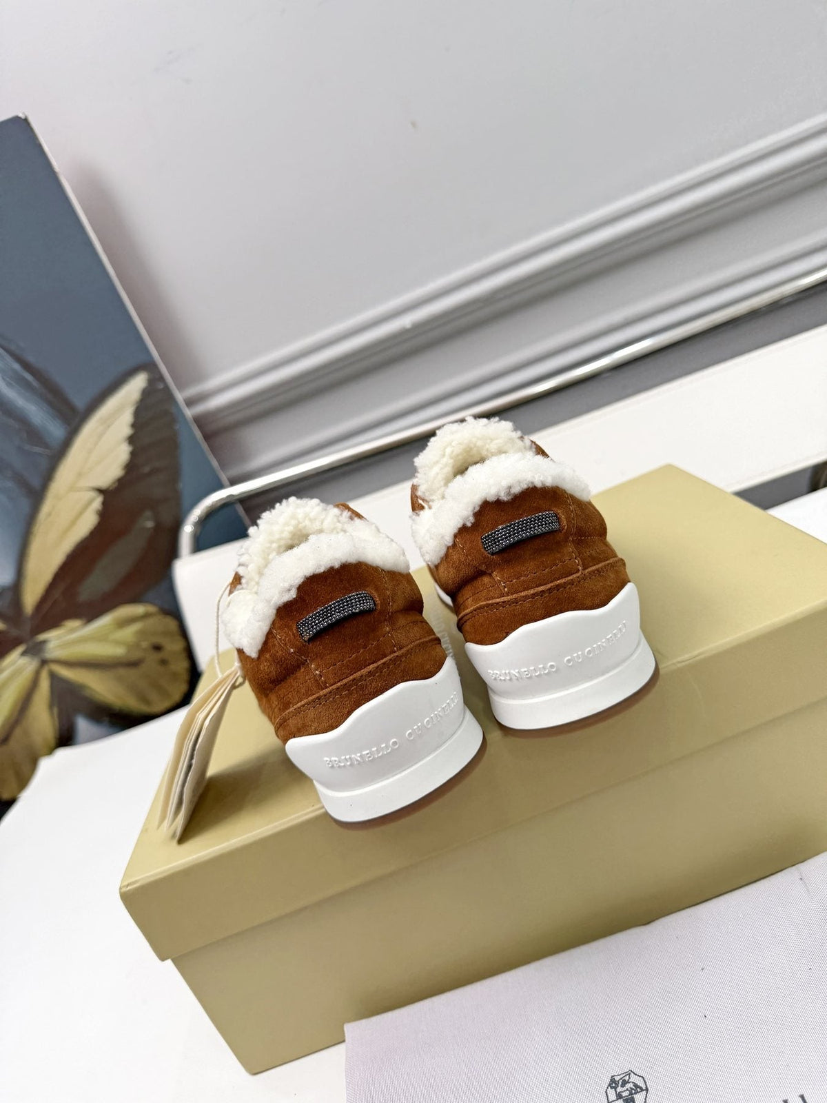 Brunello Cucinelli Brown Shearling-Trim Sneakers — back