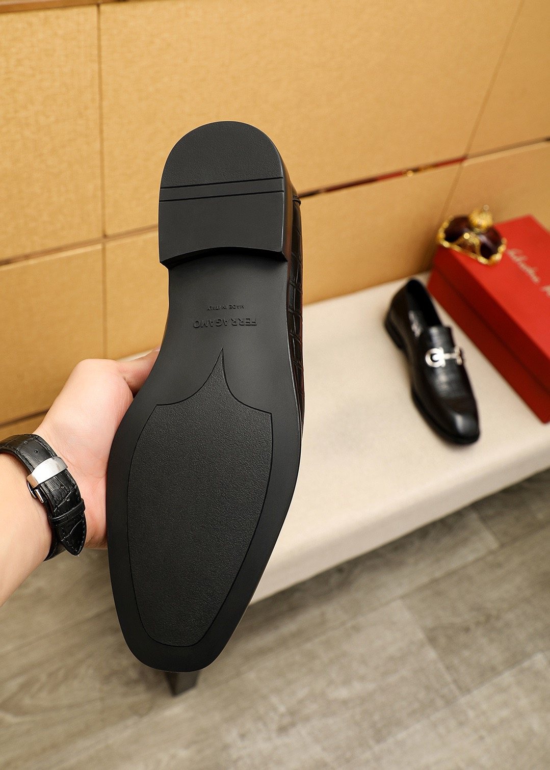 Ferragamo Black Embossed Buckle Loafers — side