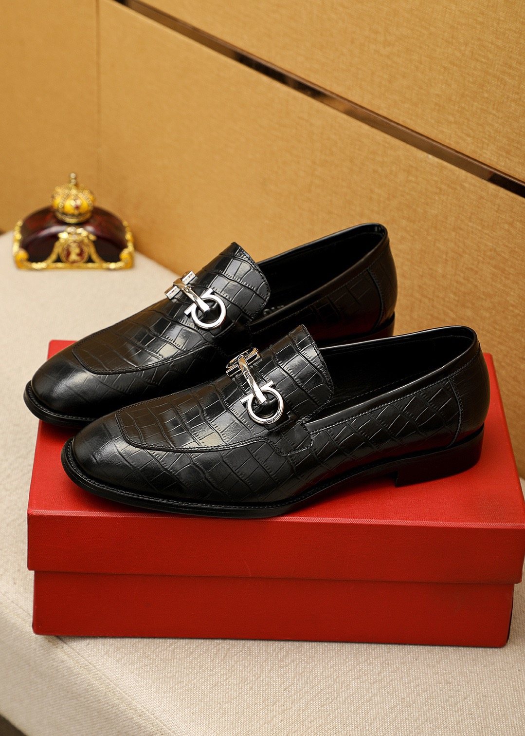 Ferragamo Black Embossed Buckle Loafers — hero