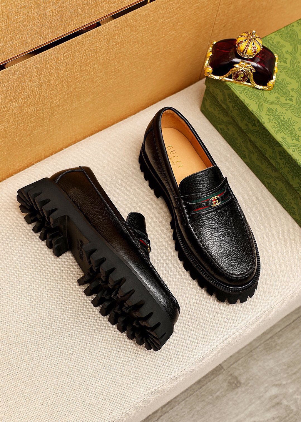 GUCCI Black Lug-Sole Loafers — side