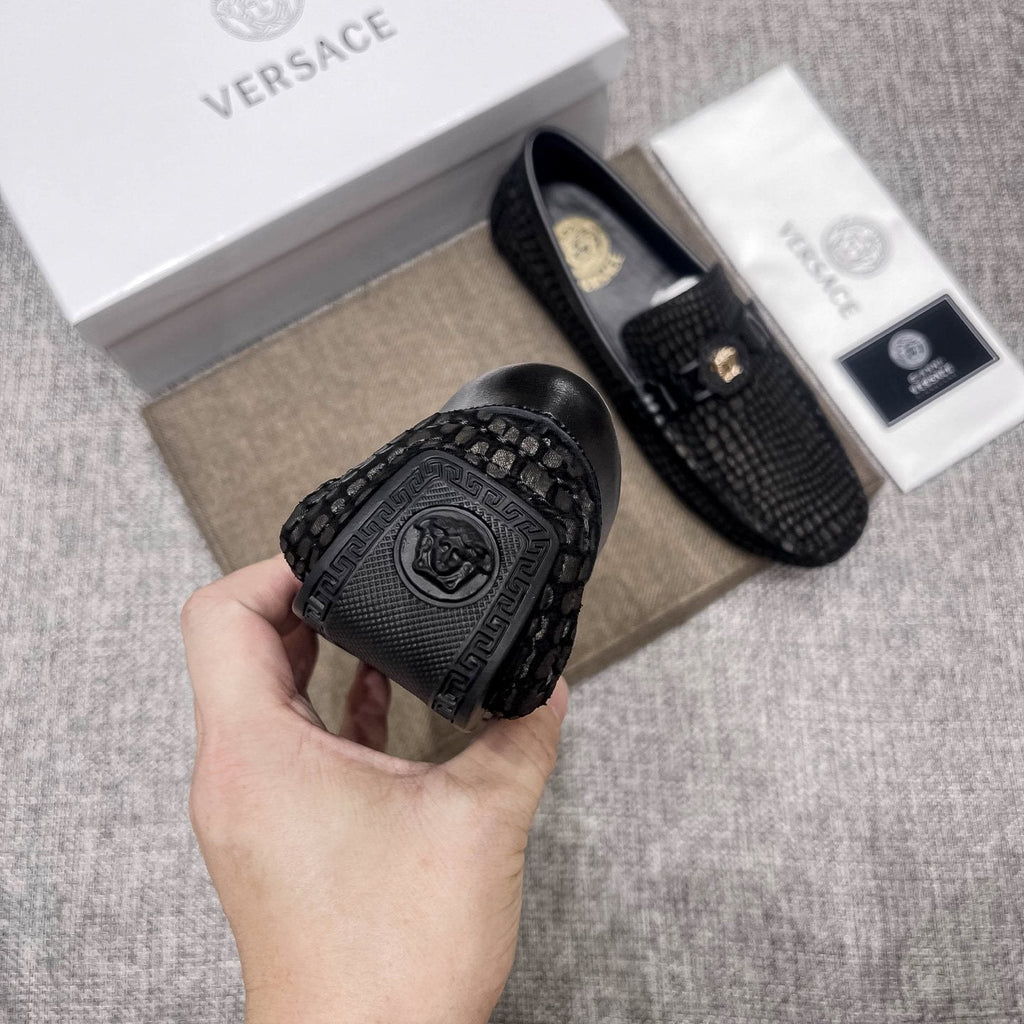 Versace Black Textured Driving Loafers — detail