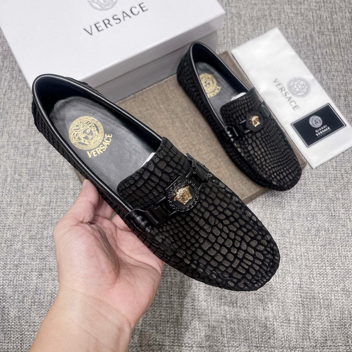 Versace Black Textured Driving Loafers — model