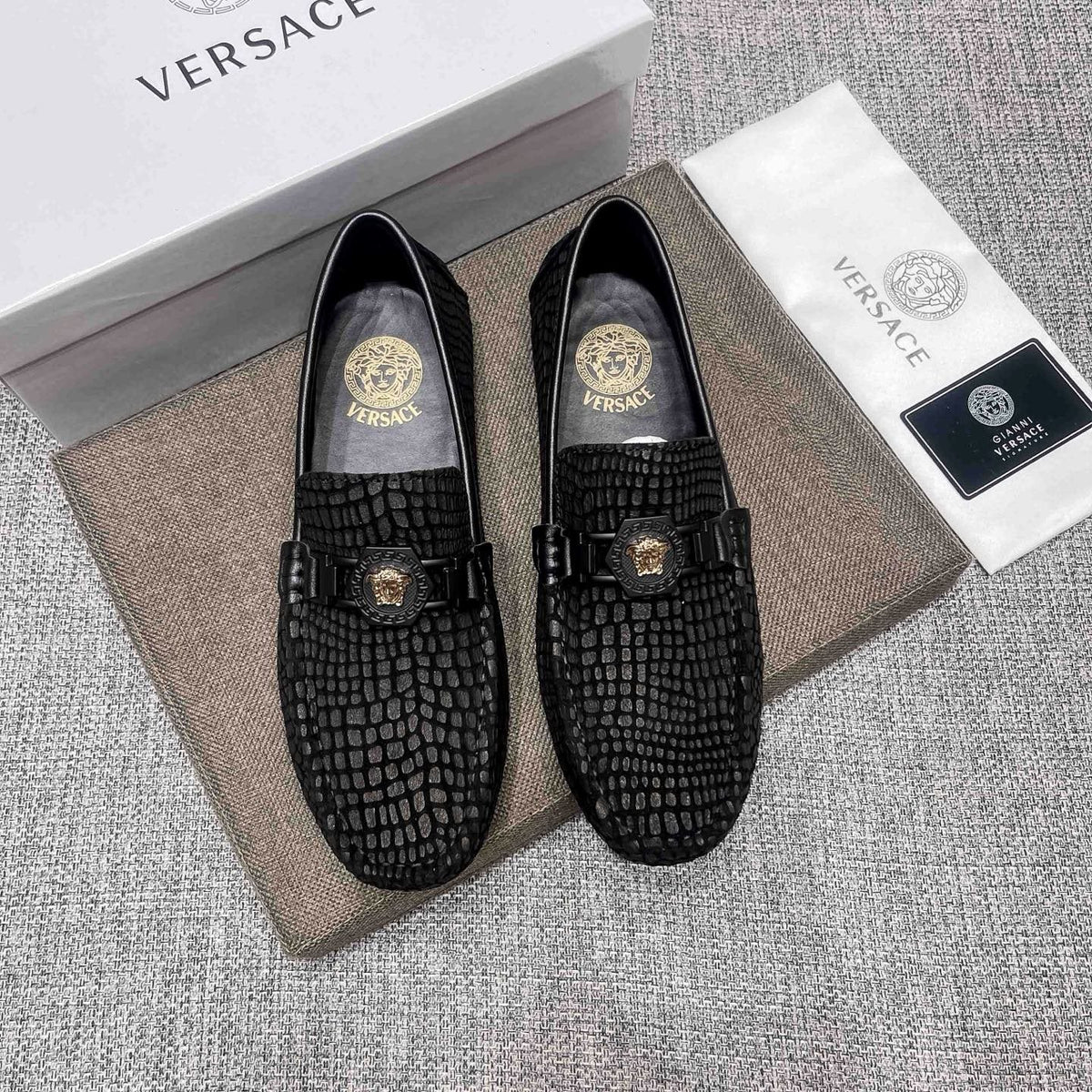 Versace Black Textured Driving Loafers — front