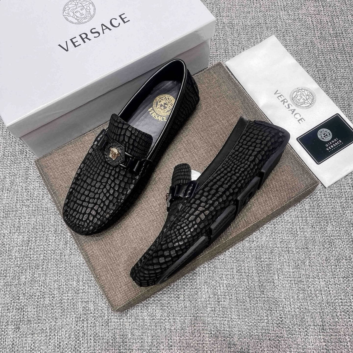 Versace Black Textured Driving Loafers — side