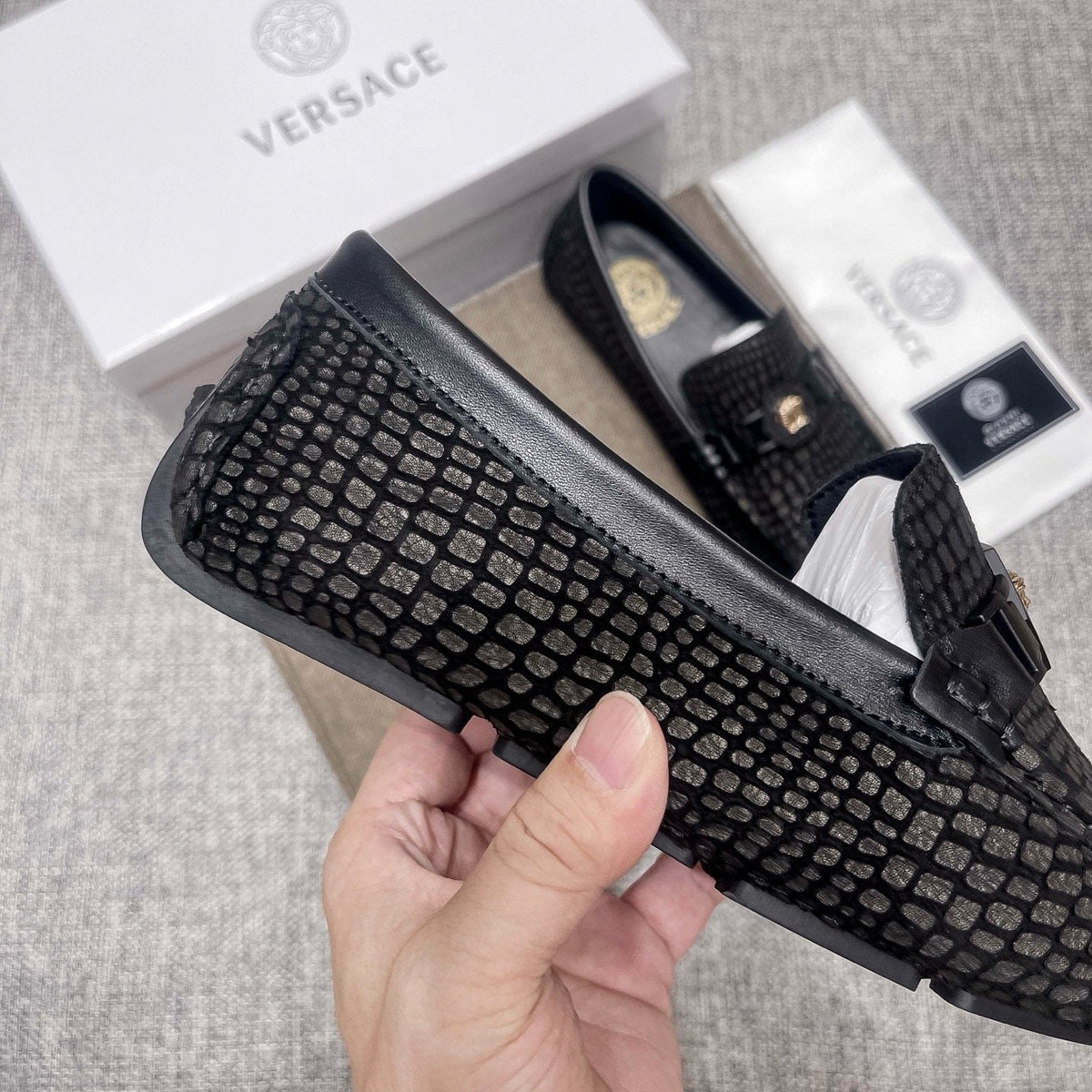 Versace Black Textured Driving Loafers — detail
