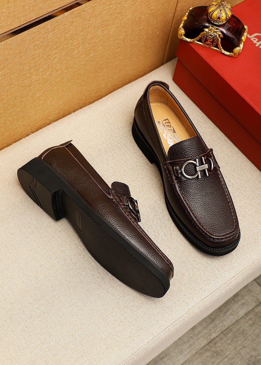 Ferragamo Dark Brown Leather Loafers — front