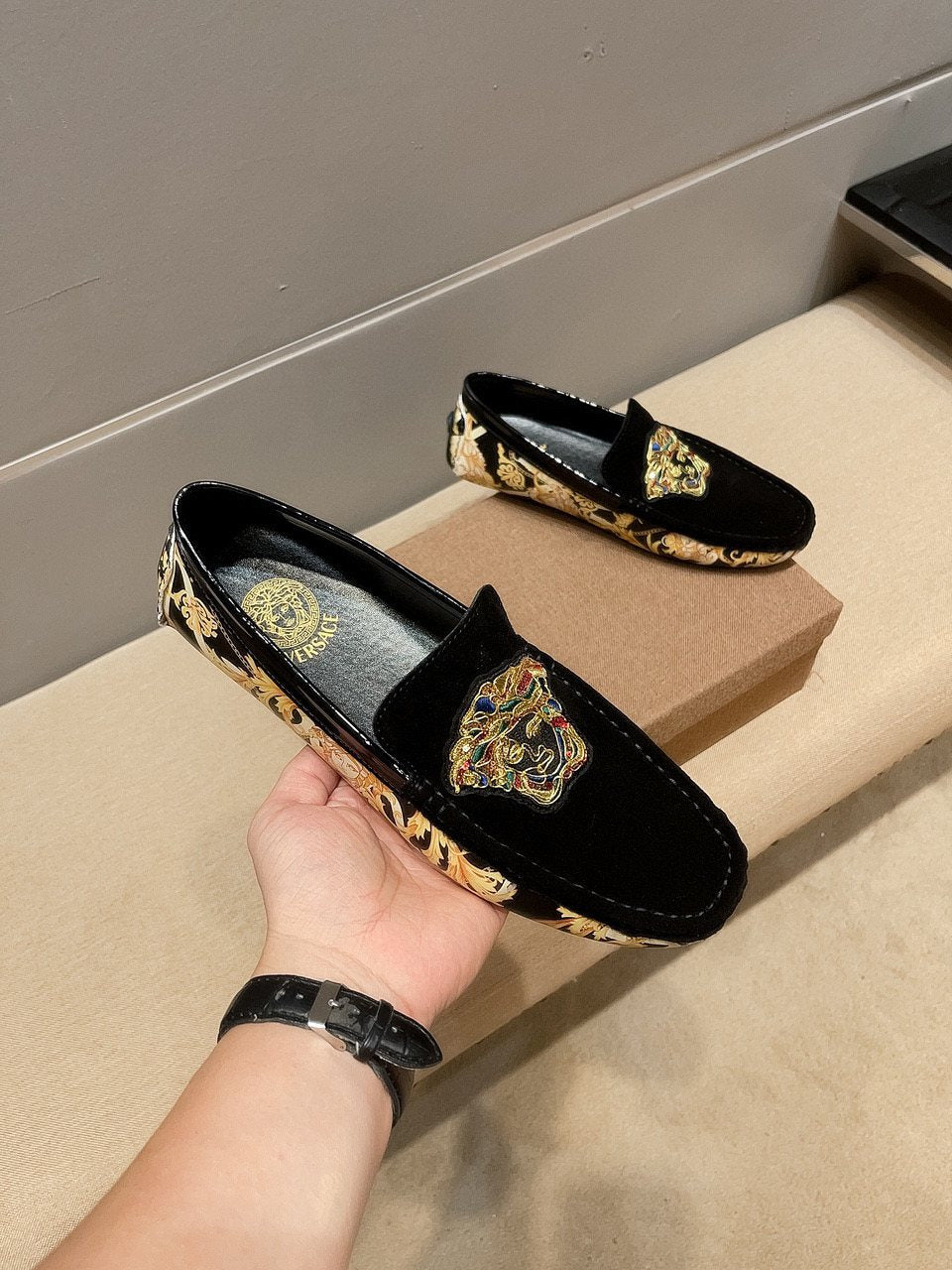 Black Gold Ornamental Slip-On Loafers — front
