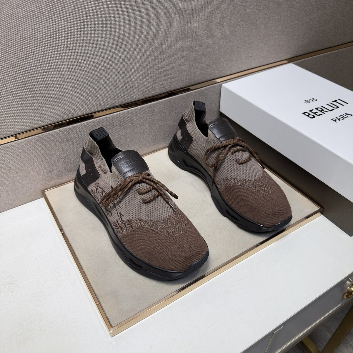 Berluti Taupe Brown and Black Sneakers — front