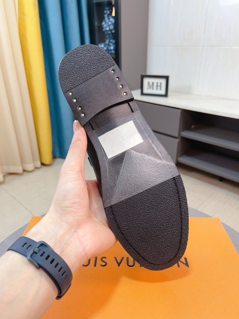 Louis Vuitton Black Textured Bar Slip-On Shoes — detail