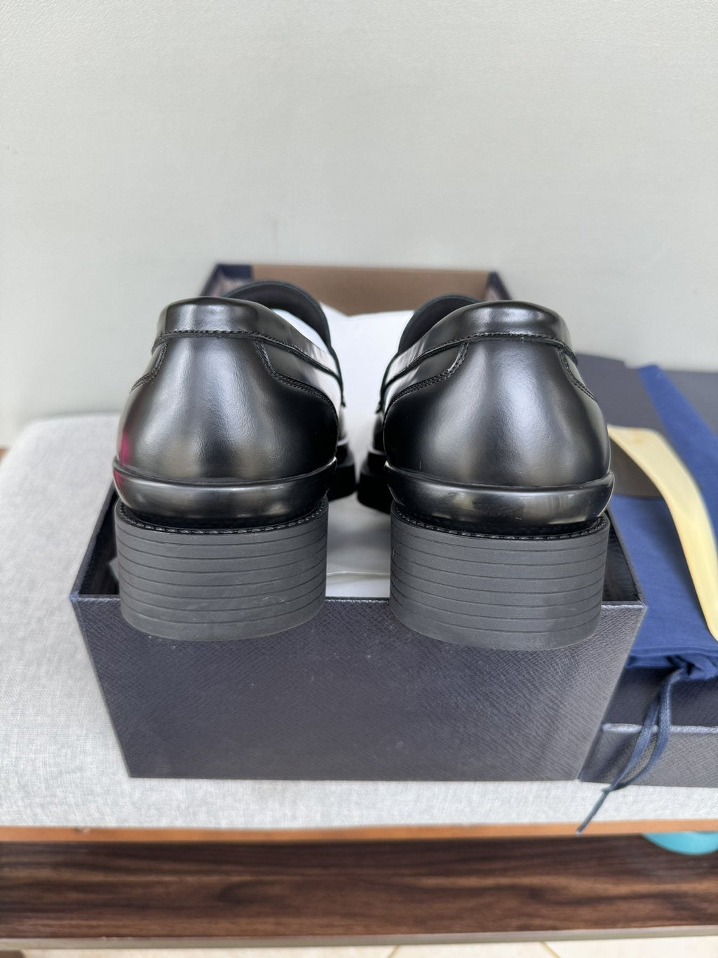 Prada Black Leather Strap Loafers — back