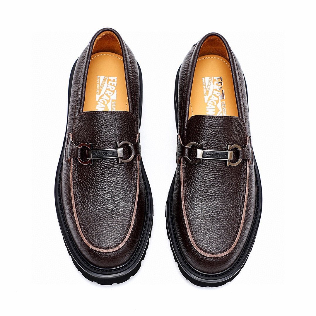 微商相册测试鞋子-Salvatore Ferragamo Dark Brown Textured Leather Loafers — front