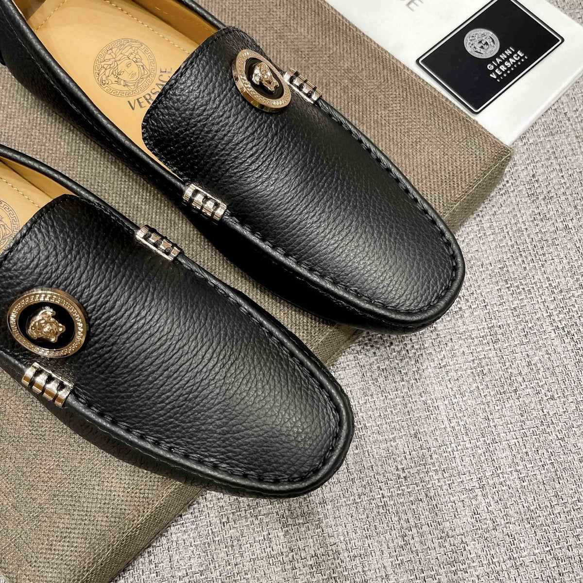Versace Black Textured Slip-On Loafers — detail